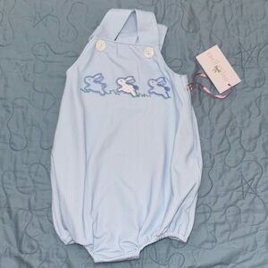 Blue Baby Romper with Bunny Embroidery-Cecil and Lou